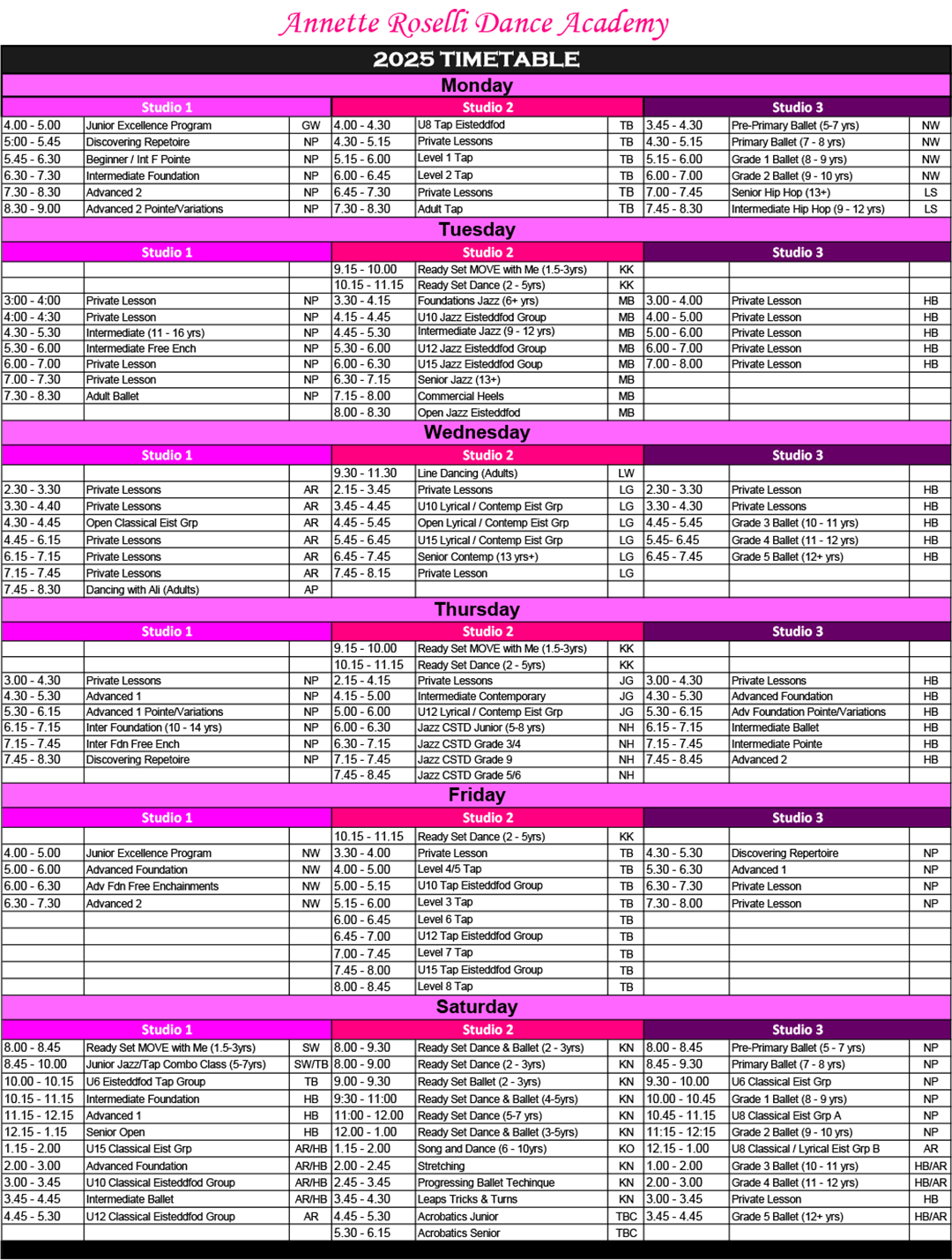 Timetable 2025