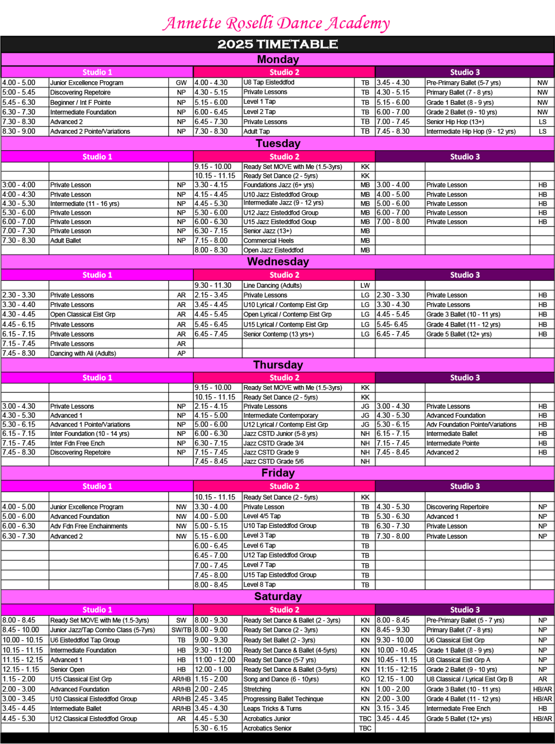 Timetable 2025